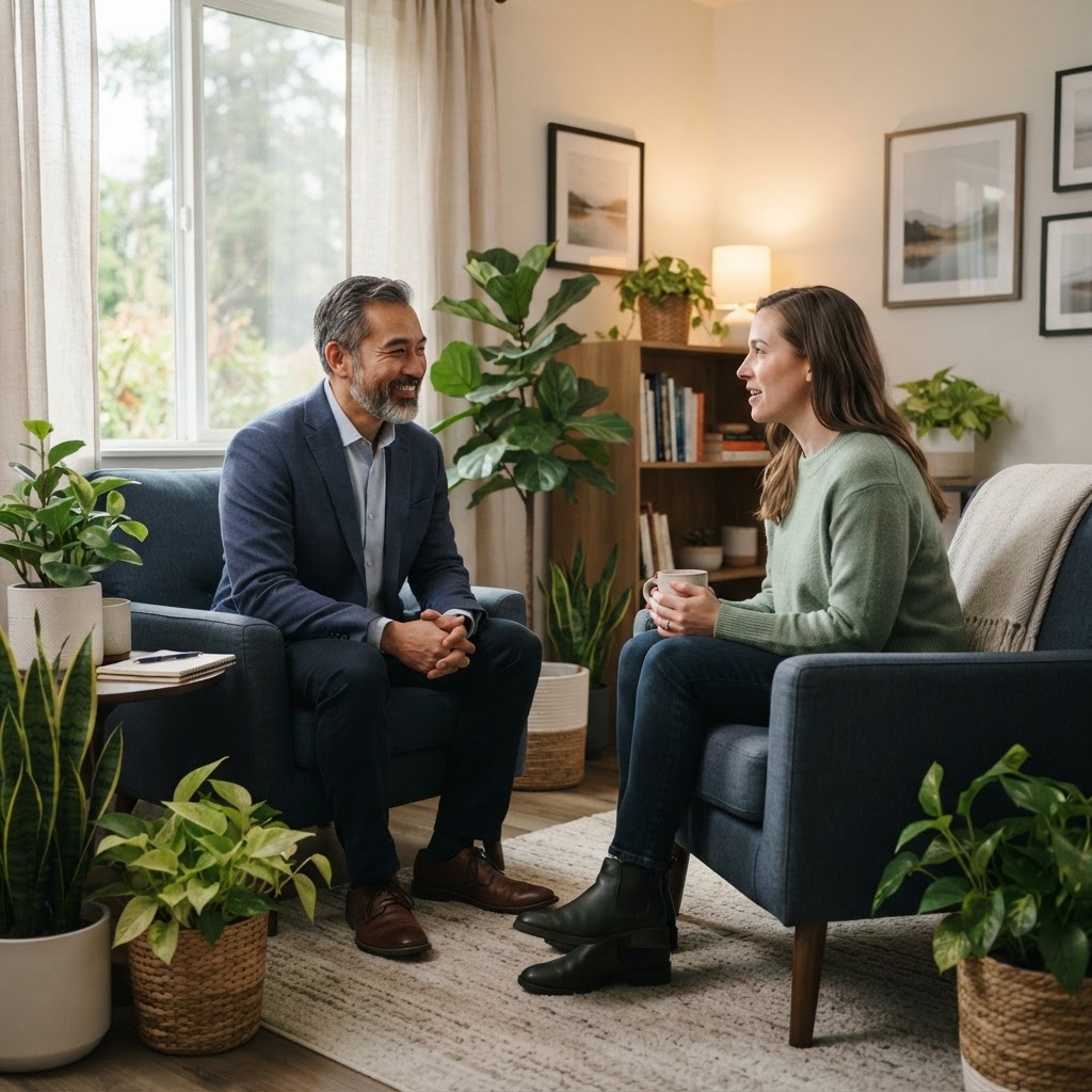 Counselor talking with a client in a calm office