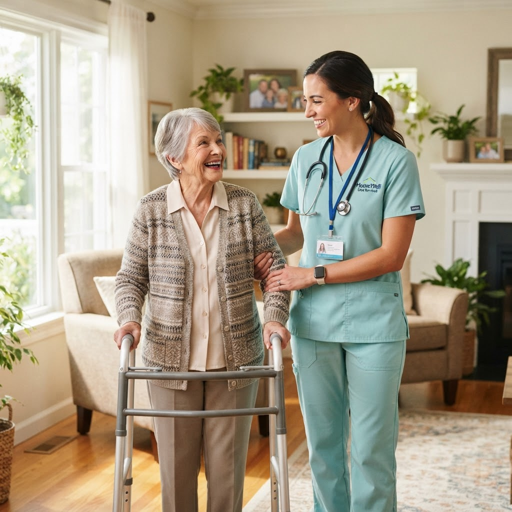 Home health caregiver assisting a smiling senior at home