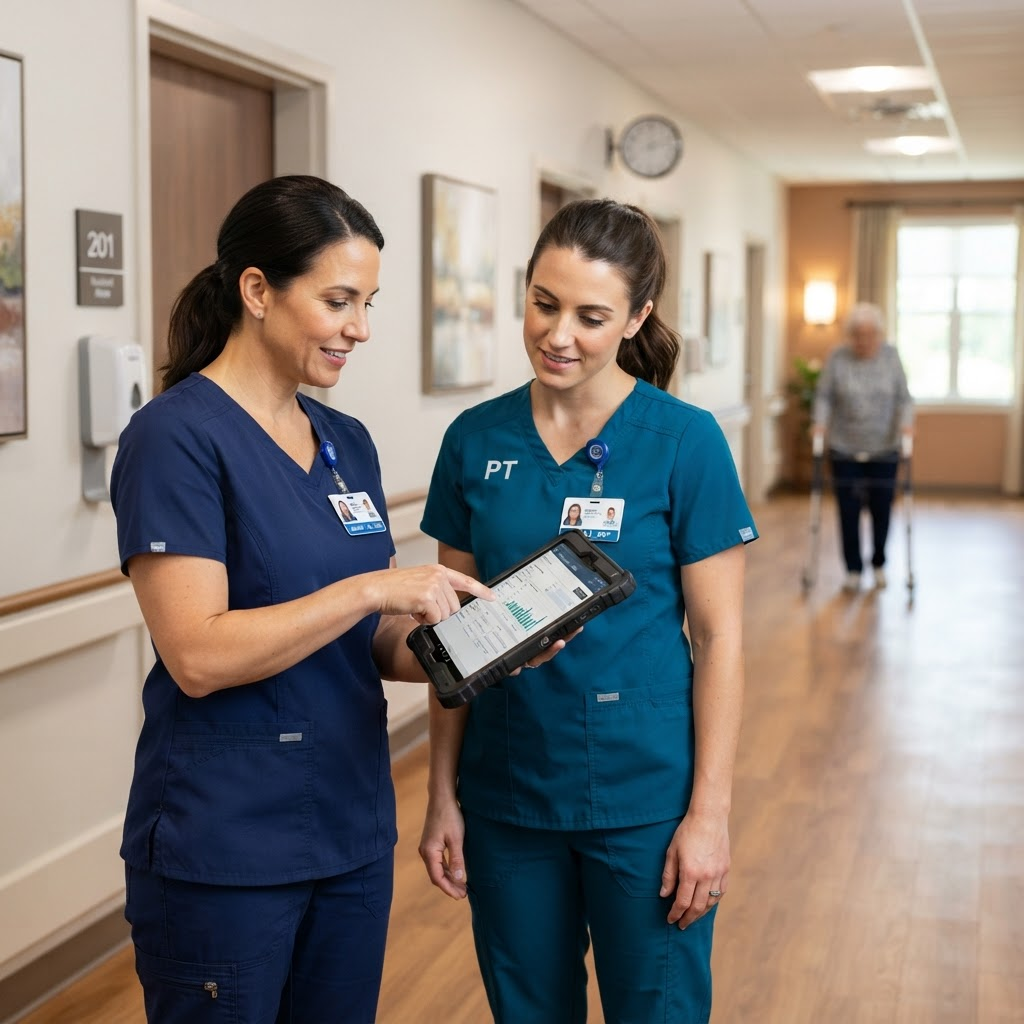Medical staff reviewing a tablet in a skilled nursing facility